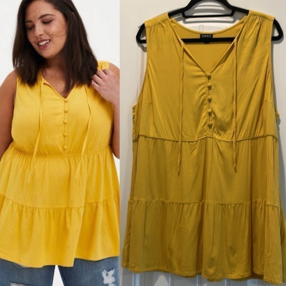 Torrid Women’s Tank Top 2X Yellow Boho Babydoll Sleeveless Button Front Tiered